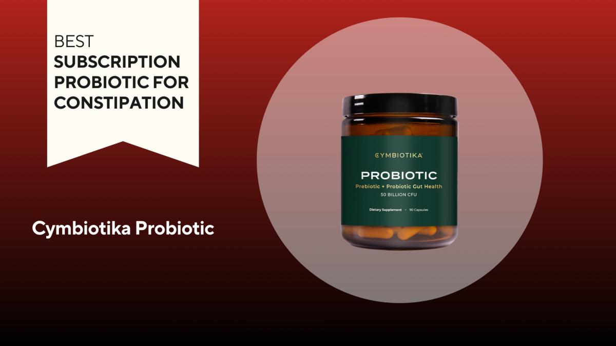 An image of a bottle of Cymbiotika Probiotic against a red background.